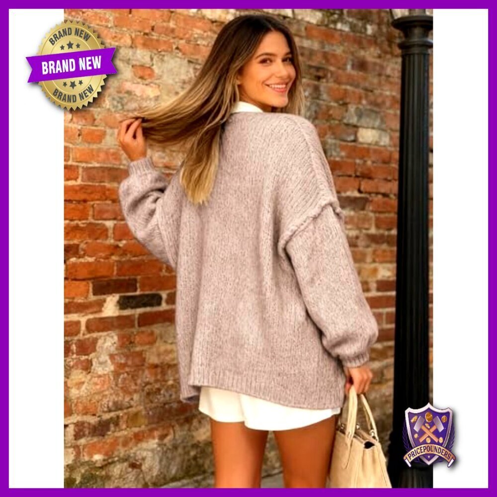 Oversized Chunky Knit Cardigan with Lantern Sleeves, Open Front, Below Hip - Picture 6 of 7